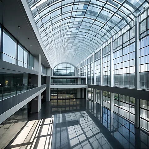 Photorealistic modern glass atrium interior with reflections