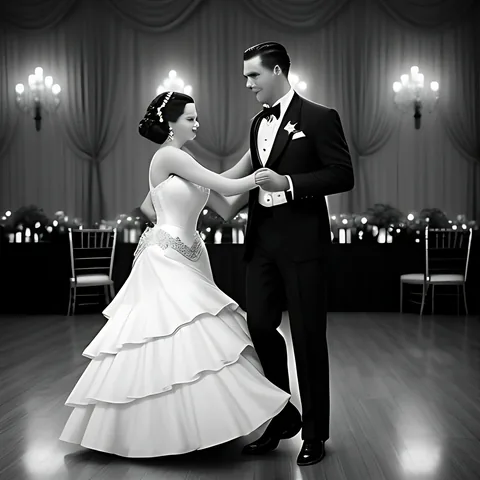 Photorealistic black-and-white ballroom dance scene