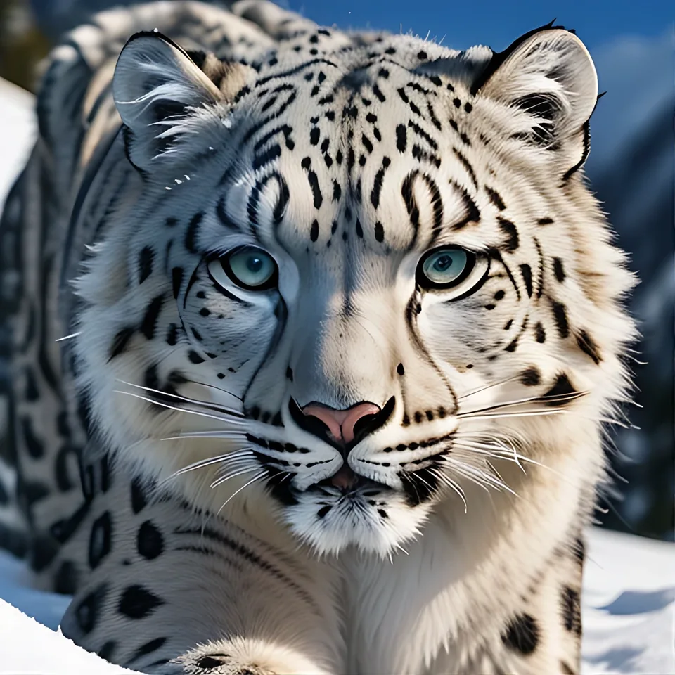 Photorealistic close-up of a snow leopard with bright blue eyes