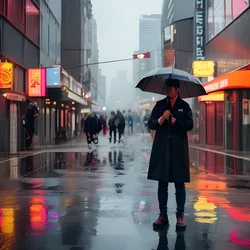 AI image generated from prompt: "a rain-soaked neon street with puddle reflections and candid pedestrians, documentary composition" — Street Photography, ChilloutMix model