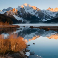 AI image generated from prompt: "a pristine alpine lake reflecting snowcapped peaks, morning mist curling over the water, crisp detail" — Nature Photography, ChilloutMix model