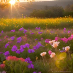 AI image generated from prompt: "sunlight pouring through wildflowers at golden hour, warm haze, gentle lens flare, serene mood" — Golden Hour, ChilloutMix model