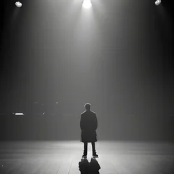 AI image generated from prompt: "a lone performer on a dark stage under a single spotlight, high contrast shadows, intense mood" — Dramatic Lighting, ChilloutMix model