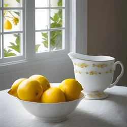 AI image generated from prompt: "a soft window-lit still life of porcelain teacups and lemons, gentle shadows, calm composition" — Soft Lighting, ChilloutMix model