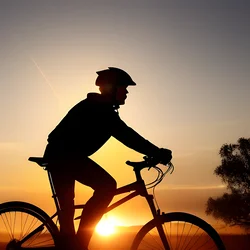 AI image generated from prompt: "a cyclist silhouetted against a blazing sunset, glowing rim light, dust swirling, heroic framing" — Backlit, ChilloutMix model