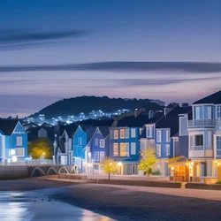 AI image generated from prompt: "a coastal town at twilight with deep blue tones, street lamps just waking up, calm sea" — Blue Hour, ChilloutMix model