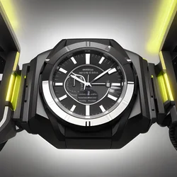 AI image generated from prompt: "a studio product shot of a futuristic wristwatch on black acrylic, controlled highlights, crisp edges" — Studio Lighting, ChilloutMix model