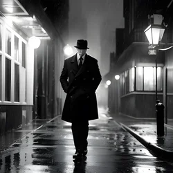 AI image generated from prompt: "a detective under a streetlamp in heavy rain, stark shadows, wet pavement, smoky alley" — Film Noir, ChilloutMix model