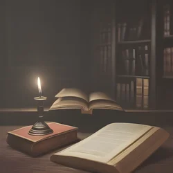 AI image generated from prompt: "a single candle illuminating an ancient book in a dark library, minimal highlights, deep shadows" — Low Key, ChilloutMix model