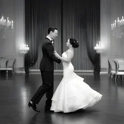 AI image generated from prompt: "a timeless black-and-white ballroom dance scene, film grain, elegant motion, classic romance" — Classic Black & White, ChilloutMix model