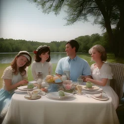 AI image generated from prompt: "a nostalgic instant photo of friends at a lakeside picnic, soft colors, white border, dreamy imperfections" — 80's Polaroid, ChilloutMix model