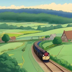 AI image generated from prompt: "a whimsical countryside train crossing a flower valley, hand-painted backgrounds, gentle magic" — Studio Ghibli, ChilloutMix model