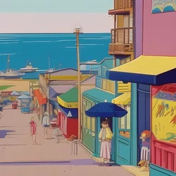 AI image generated from prompt: "a retro 90s anime screenshot of a seaside town in summer, soft gradients, nostalgic palette" — Vintage Anime, ChilloutMix model