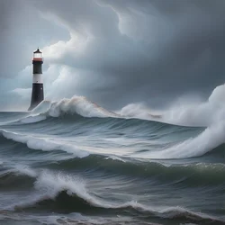 AI image generated from prompt: "an oil painting of a stormy sea with a lone lighthouse, thick brushstrokes, dramatic waves" — Oil Painting, ChilloutMix model