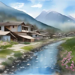 AI image generated from prompt: "a watercolor of a mountain village in spring, delicate washes, soft edges, airy atmosphere" — Watercolor, ChilloutMix model
