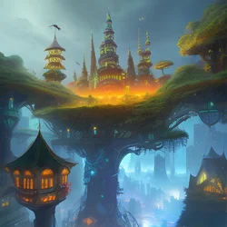 AI image generated from prompt: "a vivid digital painting of a giant tree-city with glowing windows and bridges, fantasy skyline" — Digital Art, ChilloutMix model