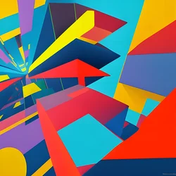 AI image generated from prompt: "an abstract composition of floating geometry and bold color fields, modern gallery energy" — Abstract Art, ChilloutMix model