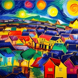 AI image generated from prompt: "an expressionist night sky over a quiet village, swirling strokes, intense emotion, vibrant palette" — Expressionist, ChilloutMix model