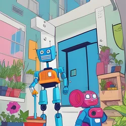AI image generated from prompt: "a modern cartoon of a friendly robot watering plants in a tiny apartment, clean lines, vivid palette" — Modern Cartoon, ChilloutMix model