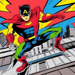 AI image generated from prompt: "a comic book hero landing on a rooftop, dramatic foreshortening, bold inks, dynamic energy" — Comic Book, ChilloutMix model