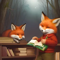 AI image generated from prompt: "a children's book illustration of a fox librarian in a glowing forest library, warm and charming" — ChilloutMix model