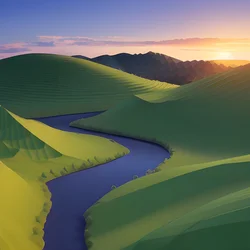 AI image generated from prompt: "a low poly landscape of rolling hills and a winding river at sunset, clean geometric forms" — Low Poly, ChilloutMix model