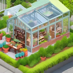 AI image generated from prompt: "an isometric cutaway of a tiny greenhouse cafe packed with plants, cozy details, neat layout" — Isometric, ChilloutMix model