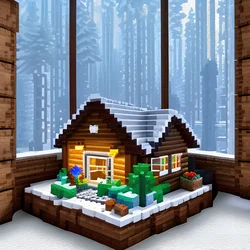 AI image generated from prompt: "a voxel art diorama of a mountain cabin in snowfall, blocky style, warm window glow" — Voxel Art, ChilloutMix model