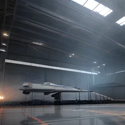 AI image generated from prompt: "a cinematic 3D render of a spaceship hangar with volumetric light beams and fog, epic scale" — Cinematic 3D, ChilloutMix model