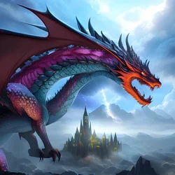 AI image generated from prompt: "an epic fantasy vista of an ancient dragon circling a crystal citadel, dramatic clouds, awe" — Fantasy Art, ChilloutMix model