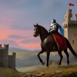AI image generated from prompt: "a medieval knight approaching a ruined castle at dusk, banners fluttering, heroic mood" — Medieval Fantasy, ChilloutMix model