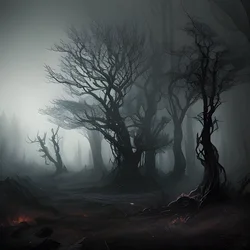 AI image generated from prompt: "a dark fantasy forest with twisted trees and glowing runes, ominous mist, gothic atmosphere" — Dark Fantasy, ChilloutMix model