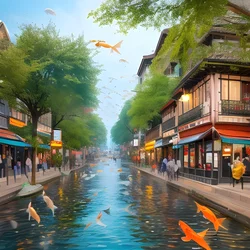 AI image generated from prompt: "a realistic city street where koi fish swim through the air like water, subtle magic, gentle wonder" — Magical Realism, ChilloutMix model