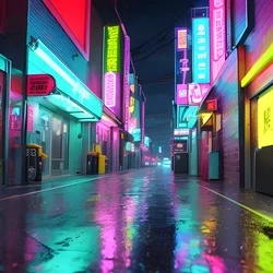 AI image generated from prompt: "a cyberpunk alley with neon signage and rain, reflective asphalt, moody tech clutter" — Cyberpunk, ChilloutMix model