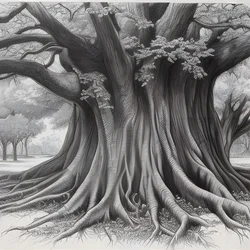 AI image generated from prompt: "a detailed pencil sketch of an ancient oak tree with sprawling roots, fine shading, realistic form" — Pencil Sketch, ChilloutMix model