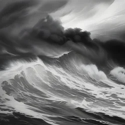 AI image generated from prompt: "a charcoal sketch of an ocean storm, bold contrasts, smoky texture, dramatic strokes" — Charcoal Sketch, ChilloutMix model