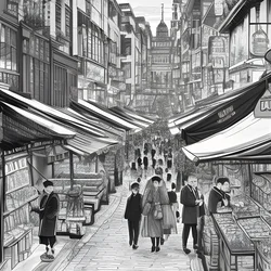 AI image generated from prompt: "an ink drawing of a bustling market street, precise linework, intricate detail, lively scene" — Ink Drawing, ChilloutMix model
