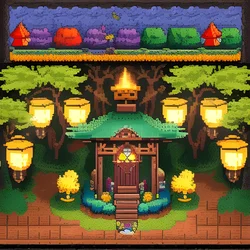 AI image generated from prompt: "a 16-bit forest shrine with lanterns and falling leaves, rich pixel palette, classic RPG feel" — 16-Bit, ChilloutMix model
