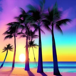 AI image generated from prompt: "a vaporwave beach sunset with palm silhouettes, neon gradient sky, retro grid horizon" — Vaporwave, ChilloutMix model