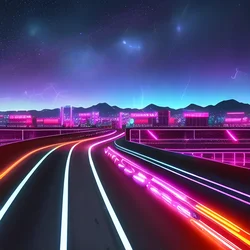 AI image generated from prompt: "a synthwave highway into neon mountains, starry sky, chrome reflections, electric colors" — Synthwave, ChilloutMix model
