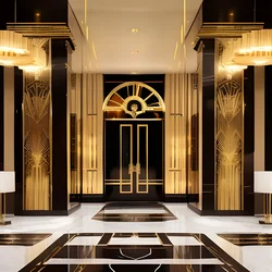 AI image generated from prompt: "an art deco lobby with golden geometry and elegant symmetry, luxurious mood, clean lines" — Art Deco, ChilloutMix model