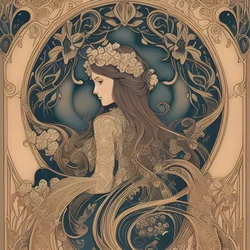 AI image generated from prompt: "an art nouveau illustration of lilies and flowing curls, ornate decorative elegance, graceful composition" — Art Nouveau, ChilloutMix model