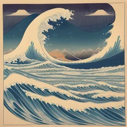 AI image generated from prompt: "a classical ukiyo-e print of a towering wave and distant mountains, crisp flat colors, bold outlines" — Classical Ukiyo-e, ChilloutMix model