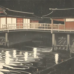 AI image generated from prompt: "a shin-hanga evening bridge scene in light rain, refined tones, serene composition" — Shin-hanga, ChilloutMix model