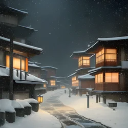 AI image generated from prompt: "an atmospheric shin-hanga snowy street with lantern light and drifting flakes, soft moody tones" — Atmospheric Shin-hanga, ChilloutMix model