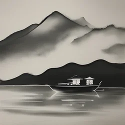 AI image generated from prompt: "a minimalist Chinese ink painting of misty mountains and a tiny boat, expressive brush strokes, calm voids" — Chinese Ink Painting, ChilloutMix model