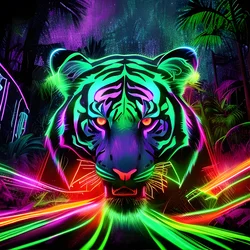 AI image generated from prompt: "a neon-glow tiger made of luminous light trails in a dark jungle, electric colors, radiant edges" — Neon Glow, ChilloutMix model