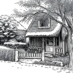 AI image generated from prompt: "a simple coloring book line drawing of a cozy cottage with a garden path and mailbox, clean outlines" — Realistic Colouring Book, ChilloutMix model