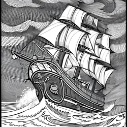 AI image generated from prompt: "a cartoon coloring book line drawing of a pirate ship with smiling waves and a friendly parrot, clean outlines" — Cartoon Colouring Book, ChilloutMix model