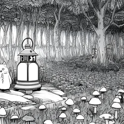 AI image generated from prompt: "a Studio Ghibli coloring book line drawing of a tiny forest spirit beside a lantern and mushroom, clean outlines" — Studio Ghibli Colouring Book, ChilloutMix model